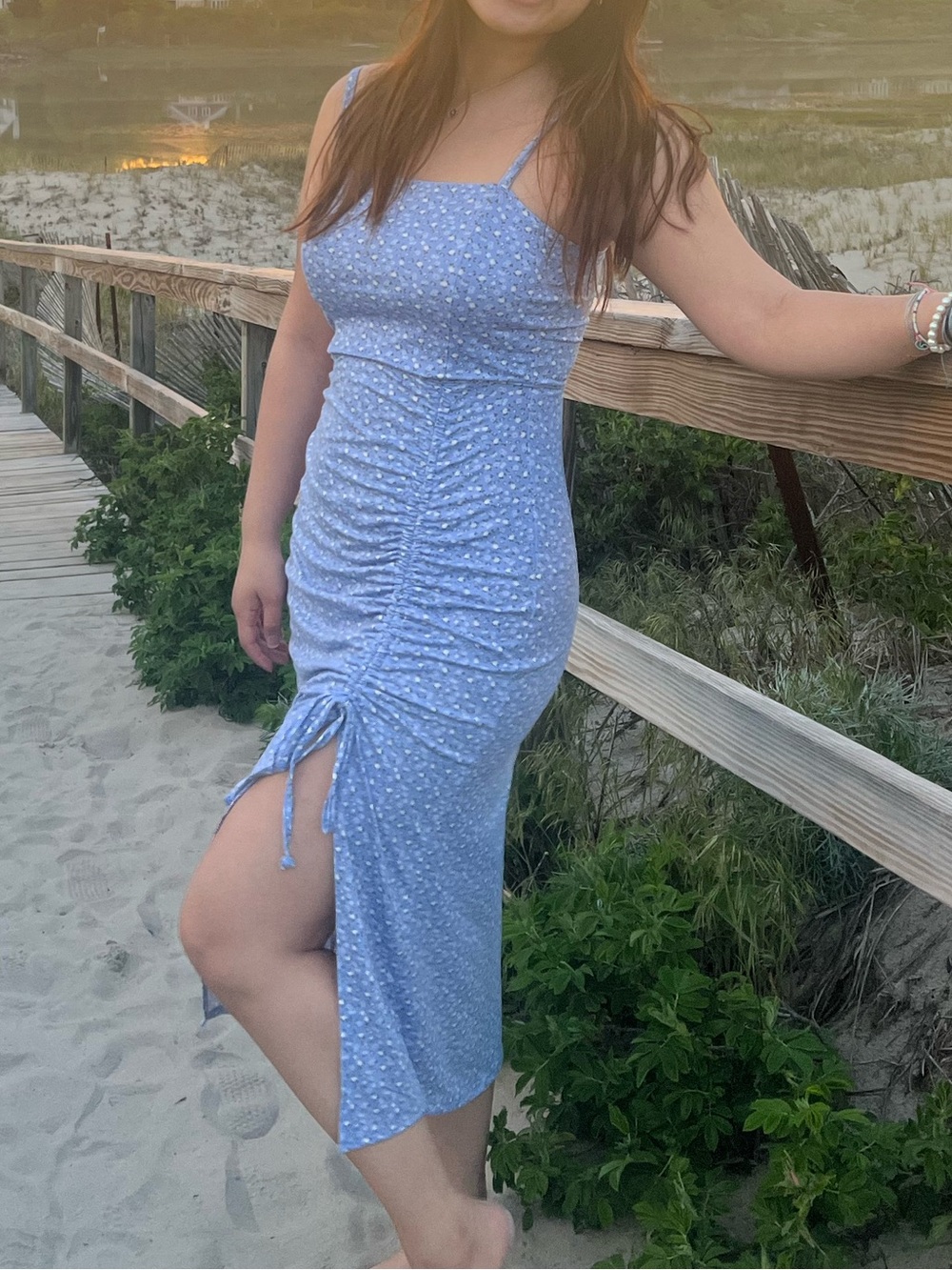 Hollister Light Blue Spotted Ruched Midi Dress